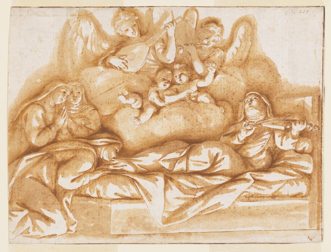 Projeto para uma pintura de parede monocromática, Igreja de Corpus Domini, Bolonha, Itália, Morte de Santa Catarina Vigri de Marc Antonio Franceschini