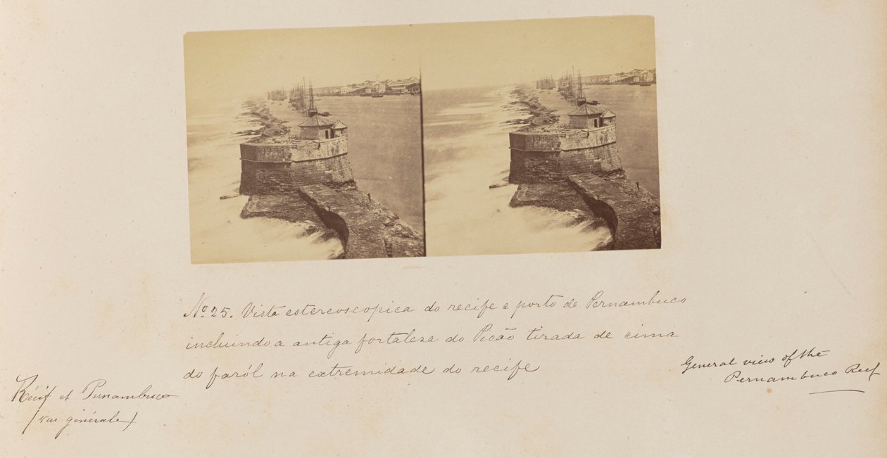 Vista estereoscópica de recife a porto de Pernambuco incluindo a antiga fortalesa do Picão tirada de cima do farol na extremidade du recife de Marc Ferrez