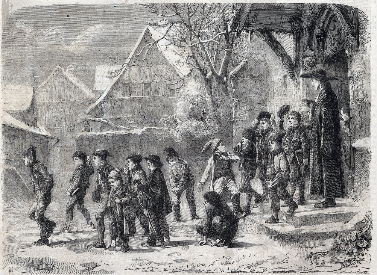 Fora da escola no inverno. Gravura depois de uma pintura de M. B. Vautier em "The Universe Illustrous". de Marc Louis Benjamin (after) Vautier