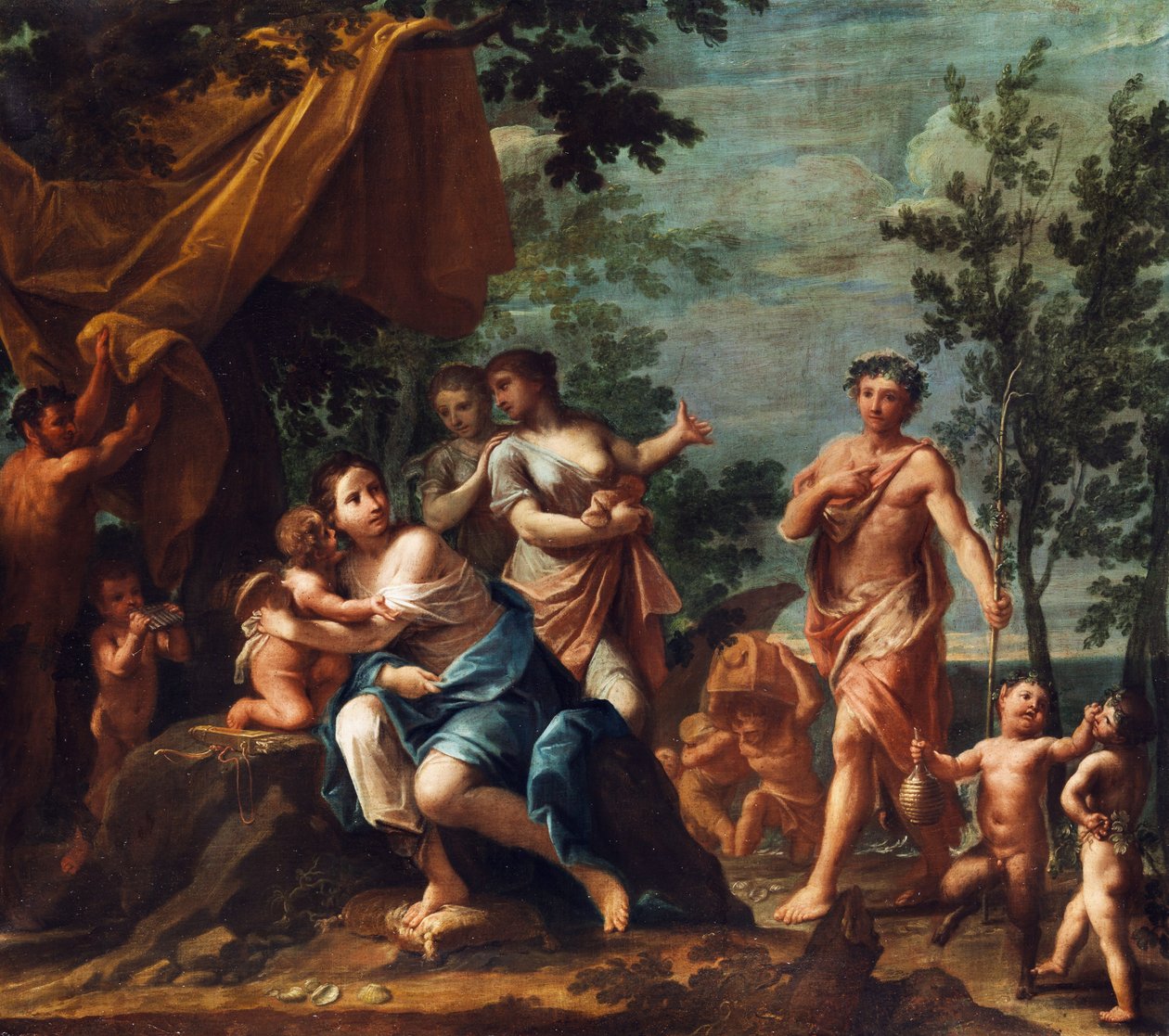 Apolo como pastor se aproxima das três Graças, com Vênus, Cupido, Cupido, Pan e Panskindern. de Marcantonio Franceschini
