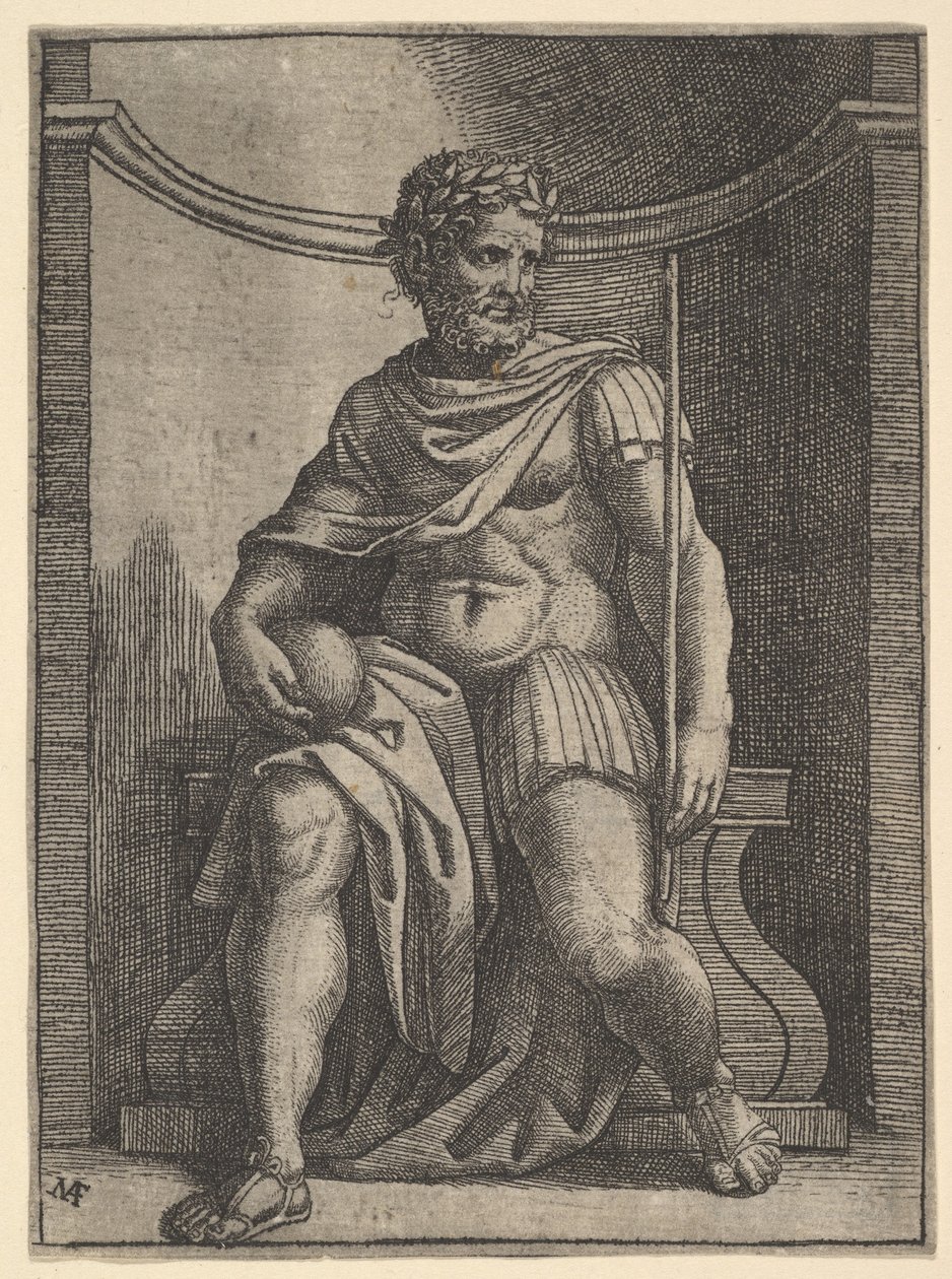Um imperador romano sentado em um nicho, segurando um globo e um cetro e olhando para o ..., ca. 1500-1534. de Marcantonio Raimondi