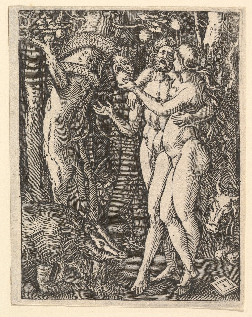 Adão e Eva com maçã e serpente, ca. 1500-1534. de Marcantonio Raimondi