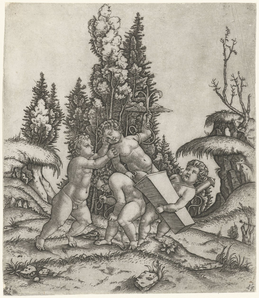 Amor e dois putti ou crianças transportam estátua de putti com âncora alada sobre pedestal de Marcantonio Raimondi