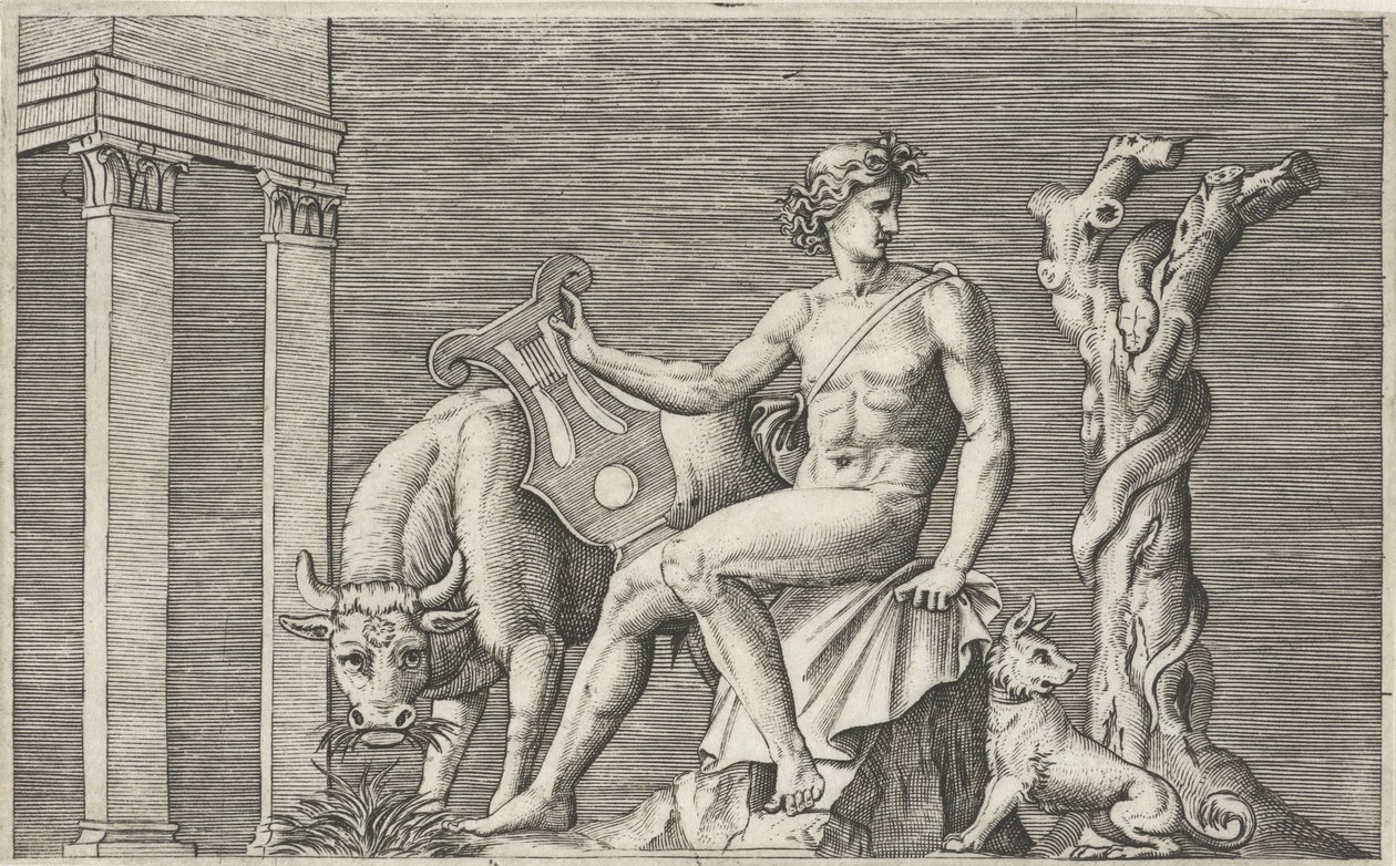 Apollo a guardar o rebanho de Admetus
Representações mitológicas após os antigos baixos-relevos (título da série) de Marcantonio Raimondi