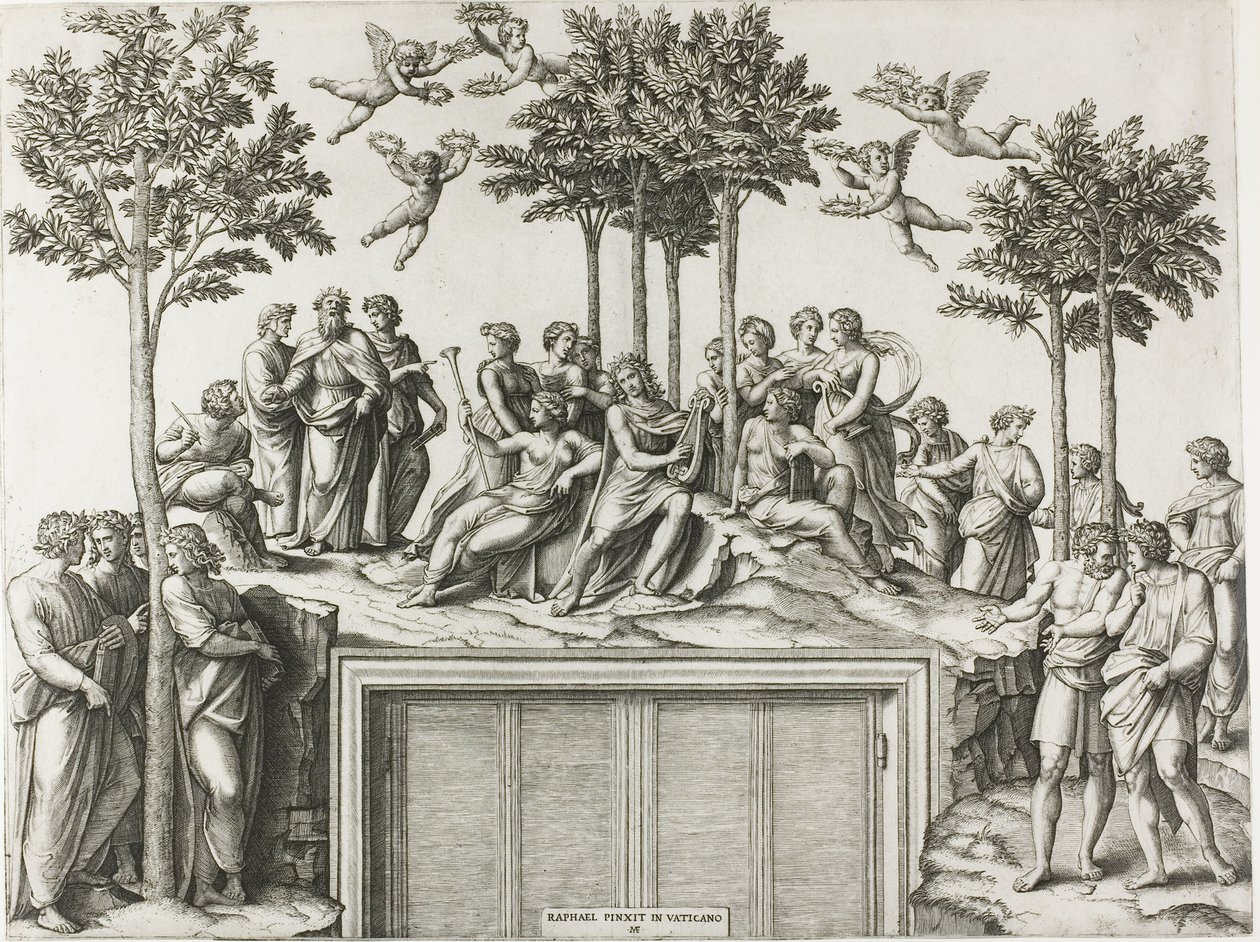 Apolo no Parnaso, cercado pelas musas e poetas de Marcantonio Raimondi