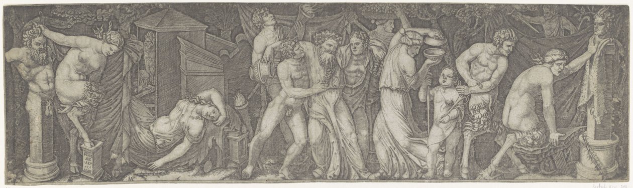 Bacanal com Bacchanal bêbado e sátiros e feixes lunares de Marcantonio Raimondi