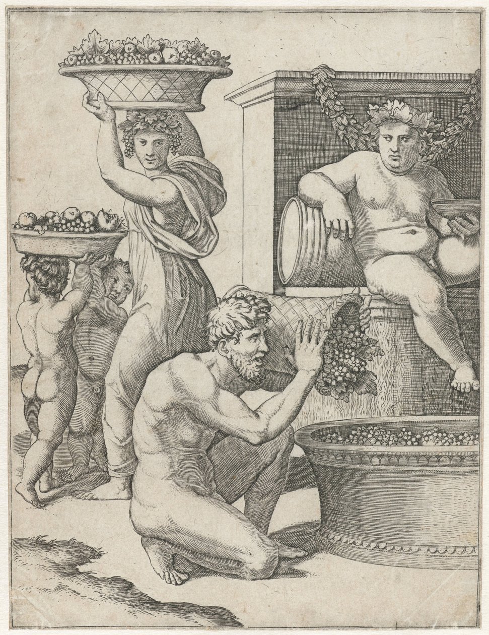 Baco observa enquanto um homem, uma mulher e duas crianças carregam cestas de uvas para a preparação do vinho Vinificação de Marcantonio Raimondi