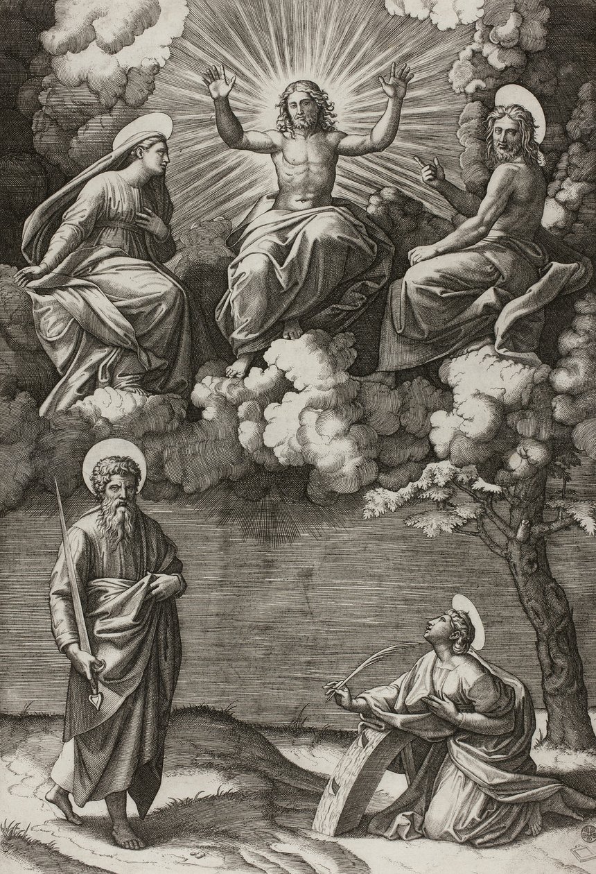 Cristo, a Virgem e São João Batista com os Santos Paulo e Catarina de Marcantonio Raimondi