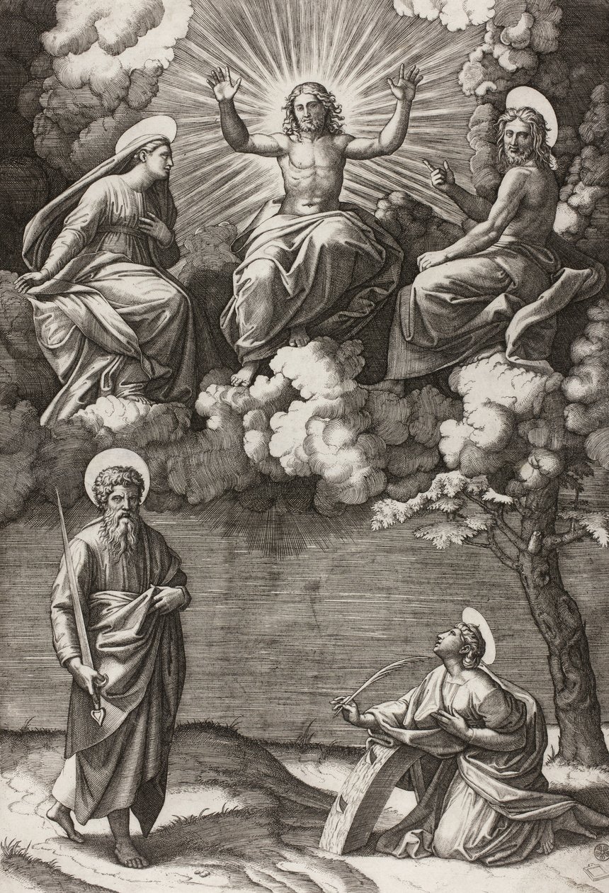 Cristo, a Virgem e São João Batista com os santos Paulo e Catarina, 1520-25 de Marcantonio Raimondi