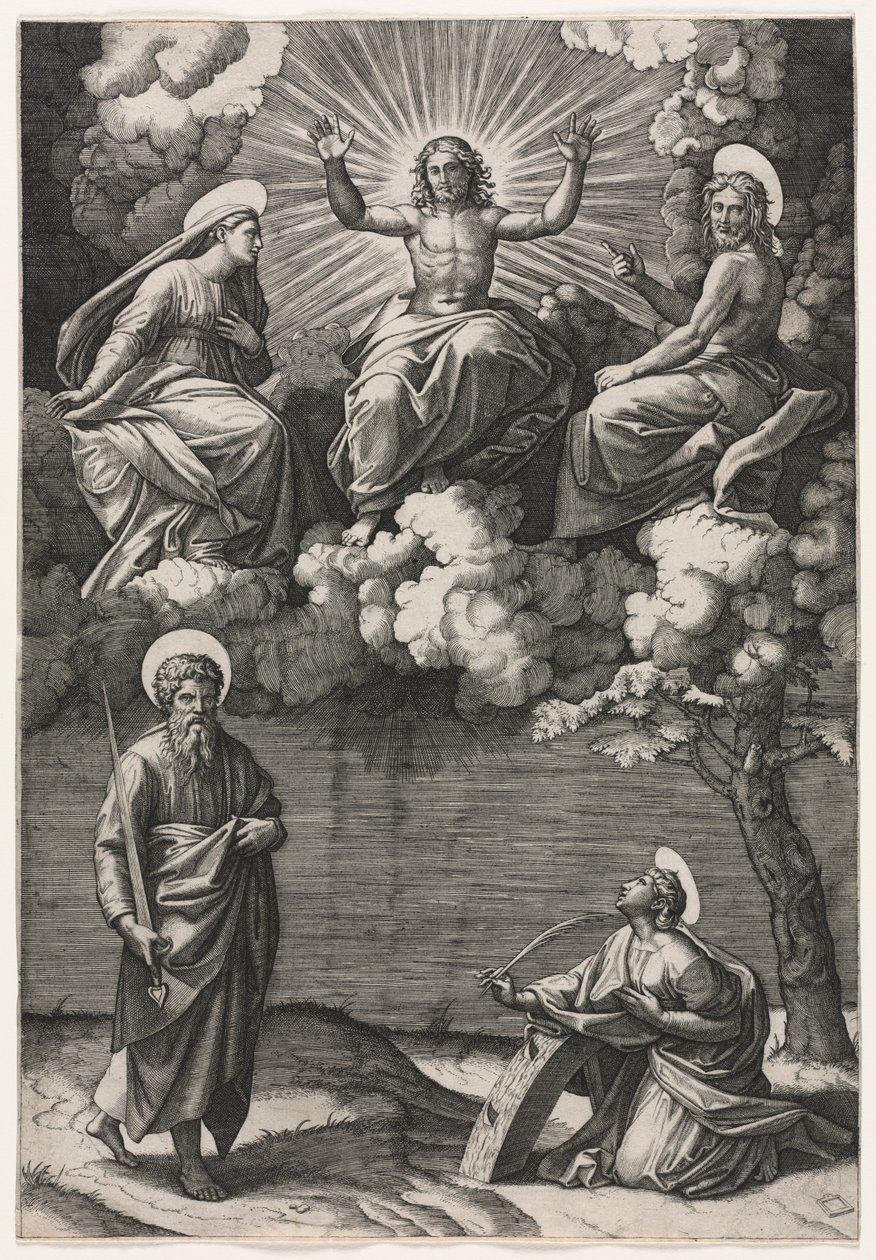 Cristo, a Virgem e São João Batista com os Santos Paulo e Catarina de Marcantonio Raimondi