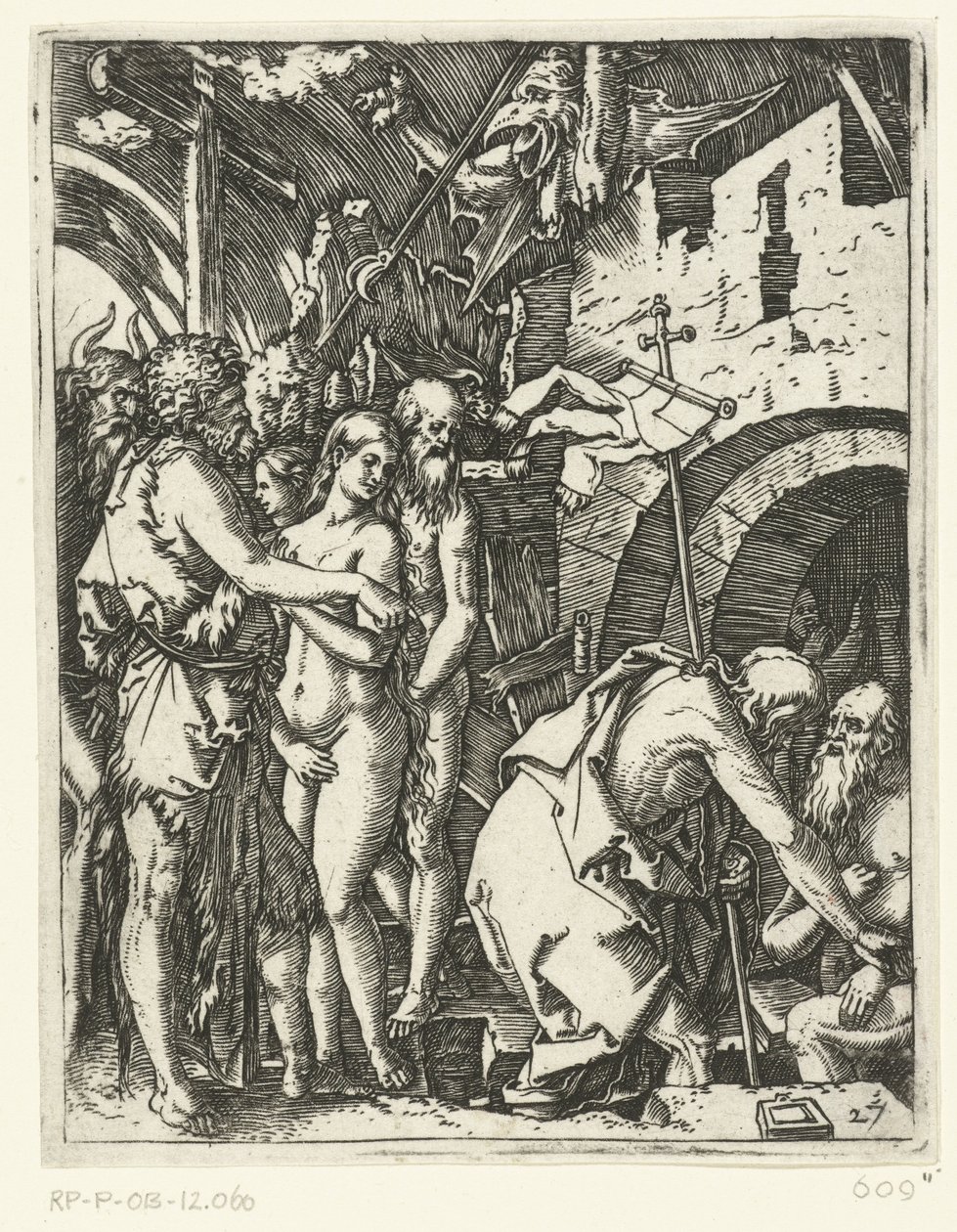 Cristo deixa o inferno e liberta patriarcas e profetas e outros Paixão de Cristo (título da série) de Marcantonio Raimondi