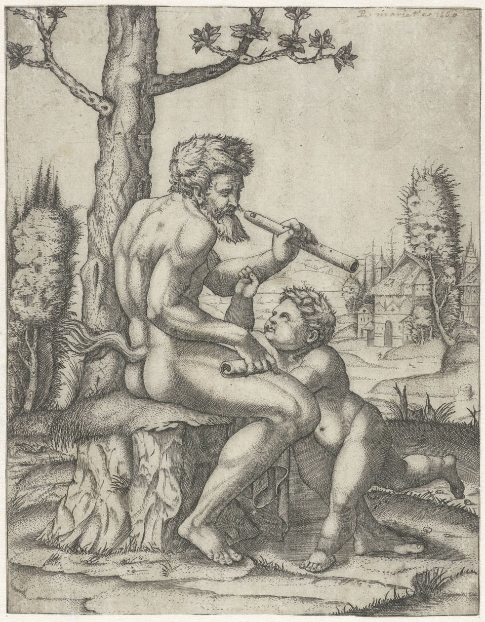 Fauno com flauta toca com criança de Marcantonio Raimondi