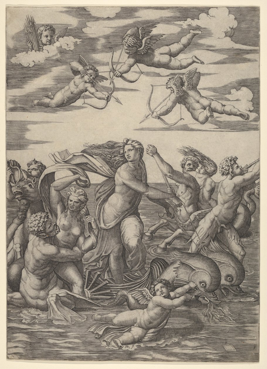 Galatea em pé numa carruagem puxada por dois golfinhos, cercada por tritões, nere ..., 1515-16. de Marcantonio Raimondi