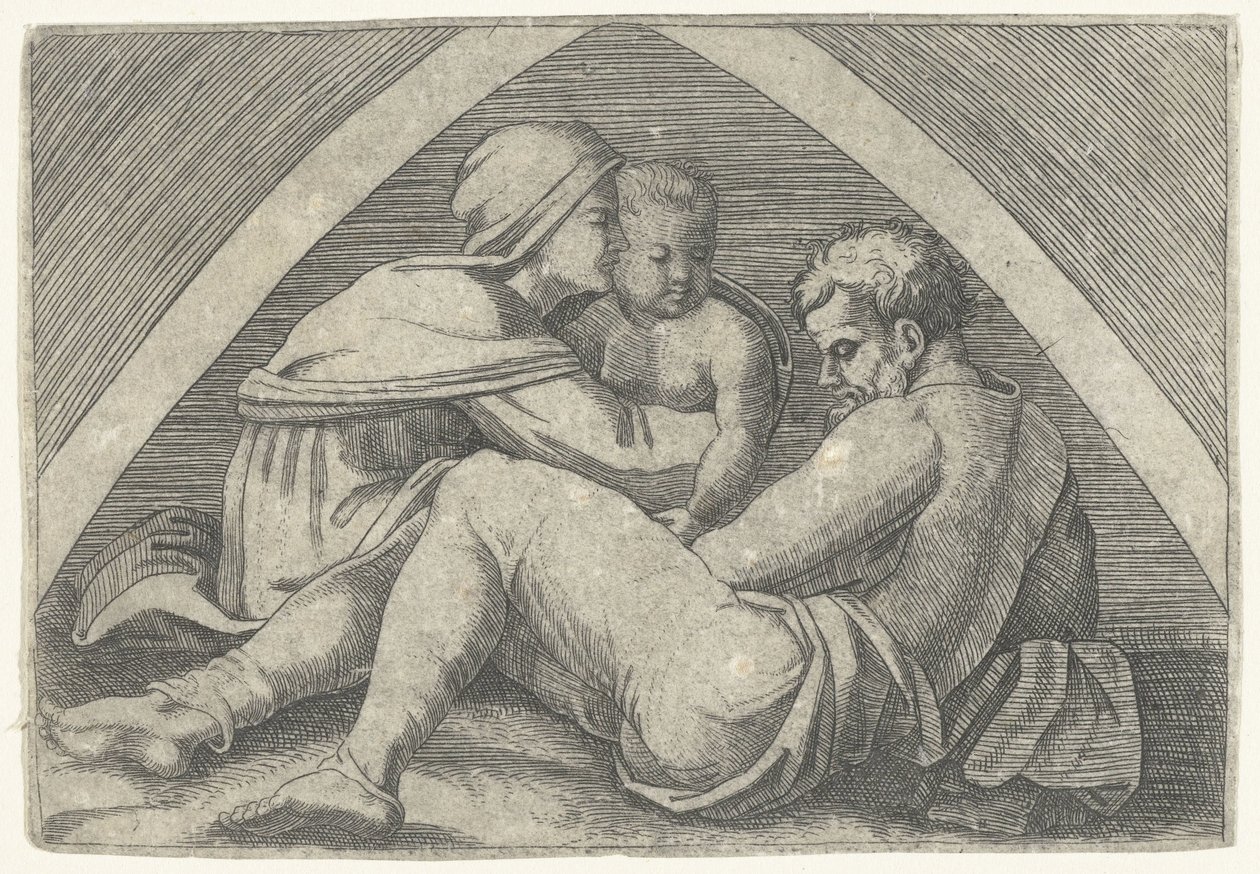 Sagrada Família sob um arco de Marcantonio Raimondi