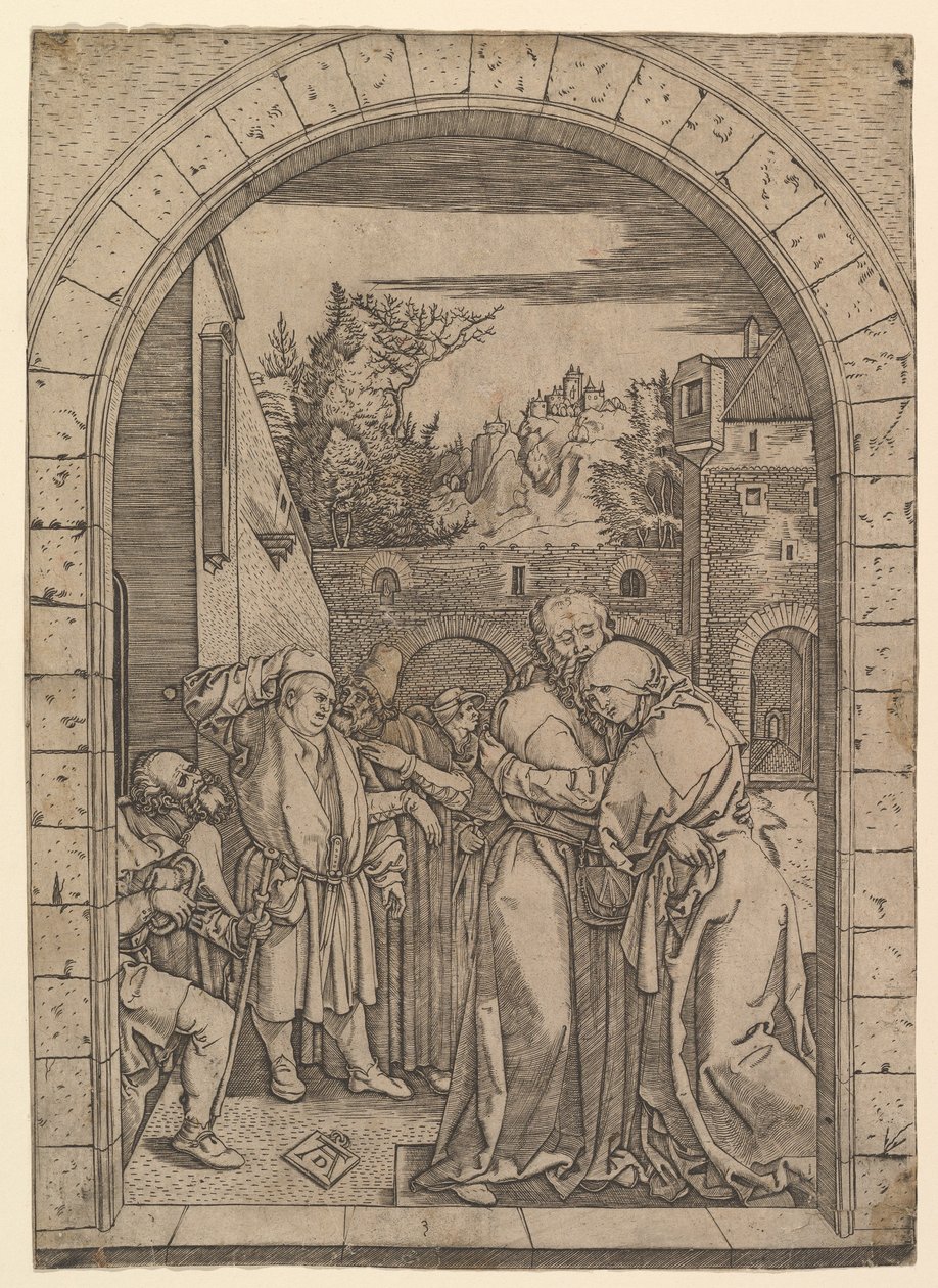 Joachim abraçando Santa Ana sob o portão de ouro em Jerusalém, depois de Dürer, ca. 1500-1534. de Marcantonio Raimondi