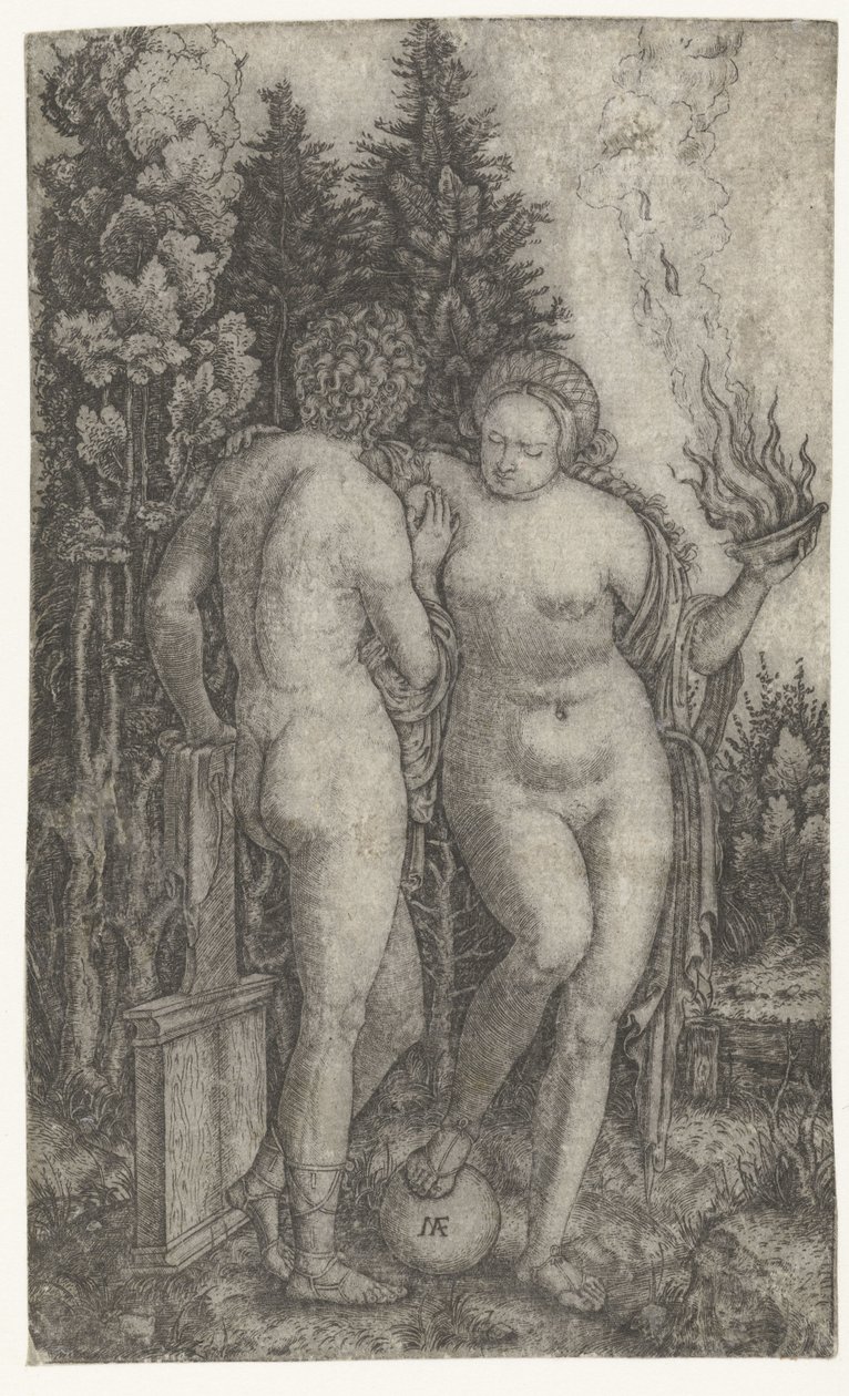 Jovem protegido por mulher com globo e oferecendo tigela como a personificação da Fortuna (Fortuna) de Marcantonio Raimondi