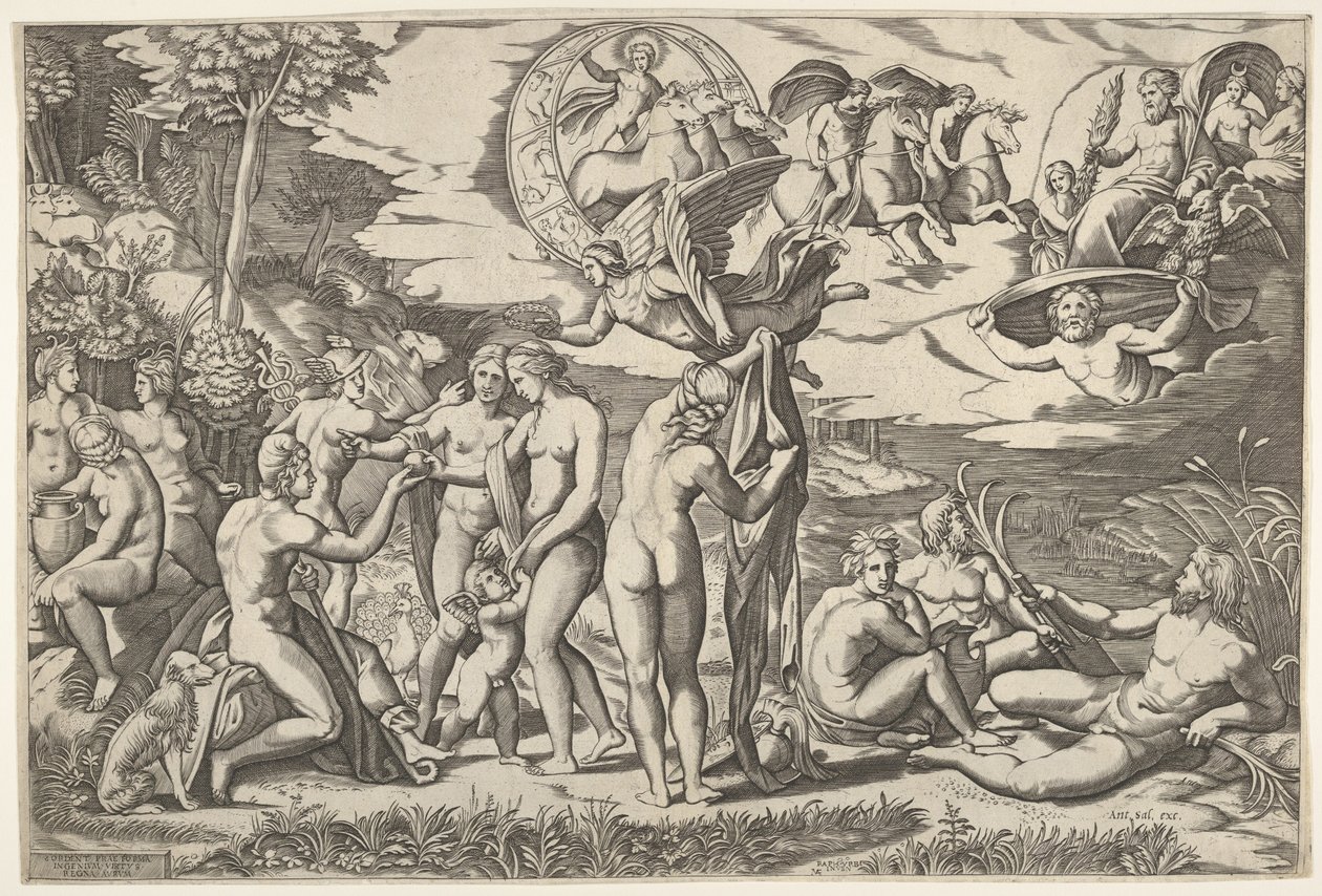 Julgamento de Paris: Paris estende a mão para Vênus, que fica entre Juno e ..., ca. 1520-50. de Marcantonio Raimondi