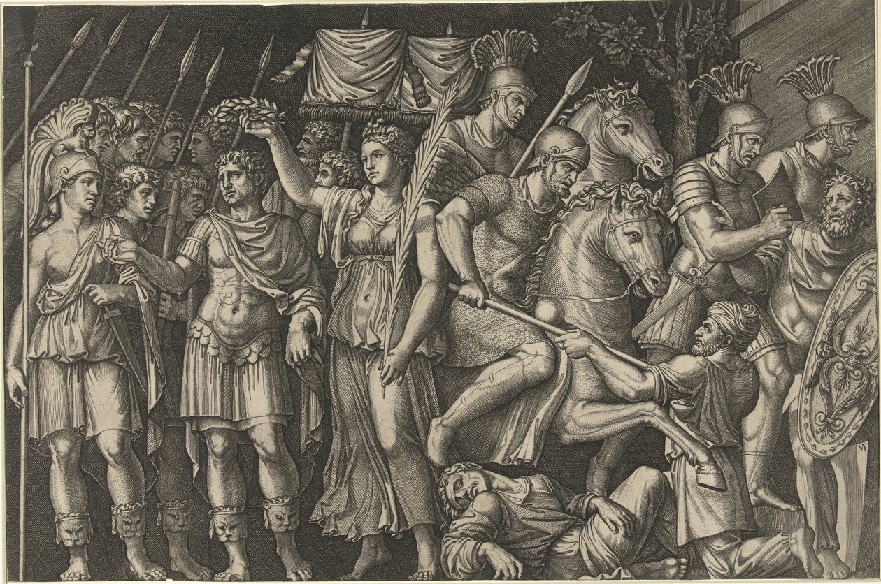 O Imperador Trajano coroado por Vitória está ao lado da personificação feminina de Roma e Romanos em batalha com Dacianos de Marcantonio Raimondi