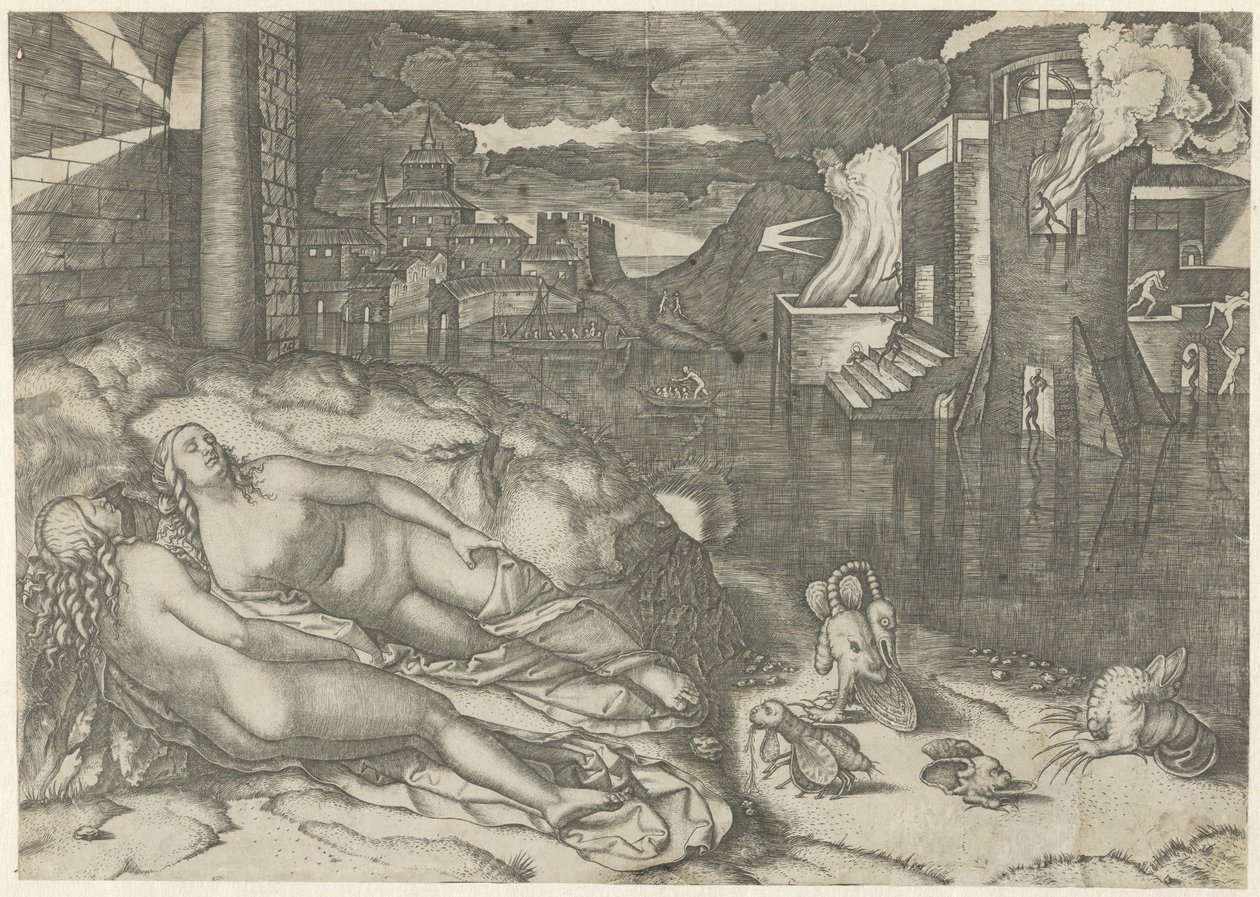 Paisagem com duas mulheres nuas a dormir e animais de fantasia na margem perto da água com edifício em chamas
Sonho de Rafael de Marcantonio Raimondi