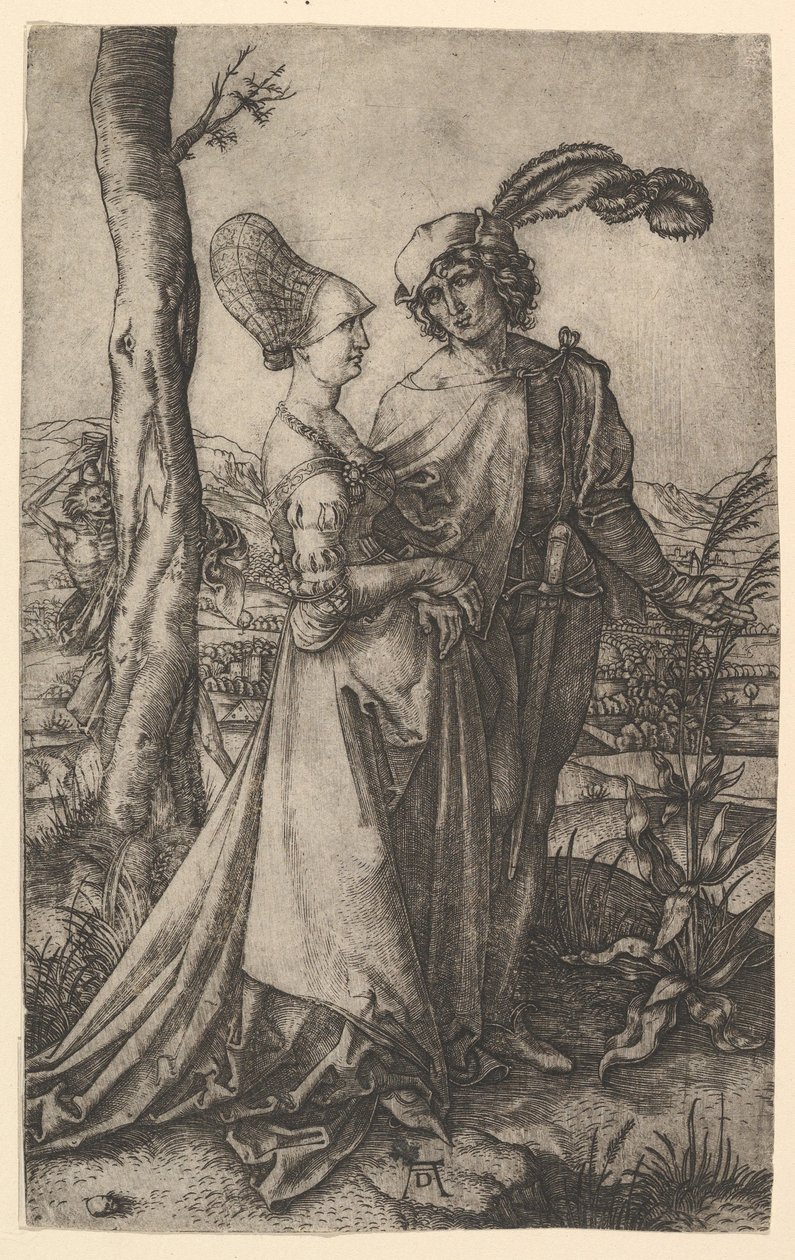 Senhor e senhora andando com a figura da morte, se escondendo atrás de uma árvore, segurando uma hora ..., ca. 1500-1534. de Marcantonio Raimondi