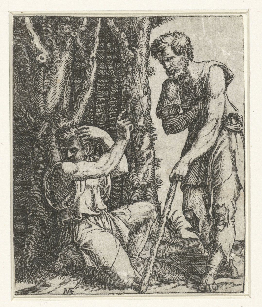 O homem ajoelha-se e afasta-se do mendigo na orla da floresta de Marcantonio Raimondi