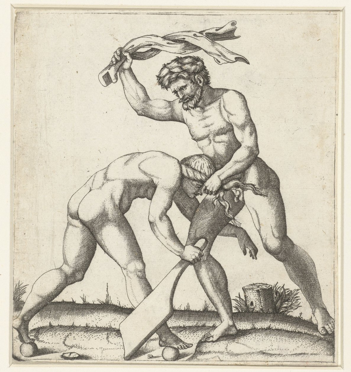 Homem lutando mulher como personificação da Fortuna (Fortuna) de Marcantonio Raimondi