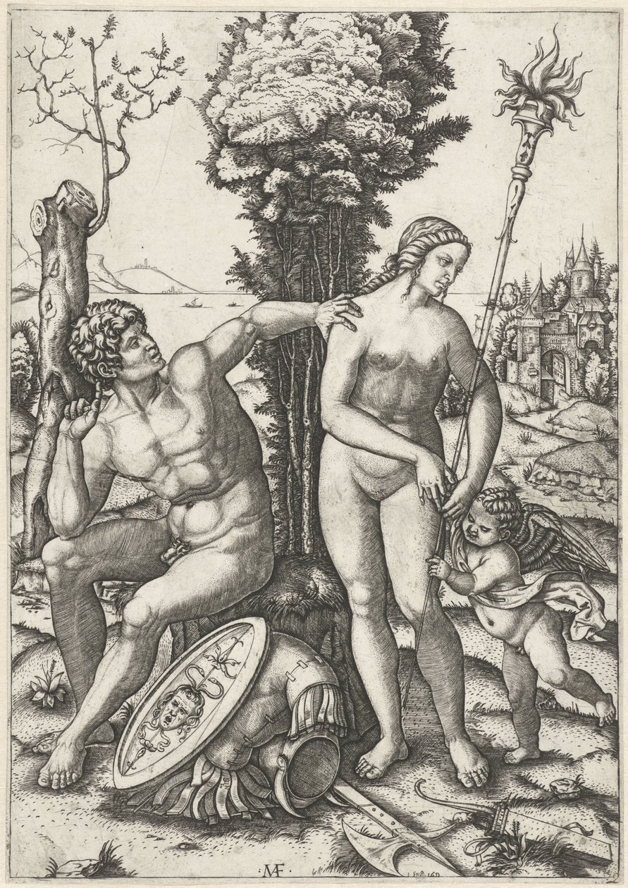 Marte e Vênus como um casal amoroso com Amor de Marcantonio Raimondi