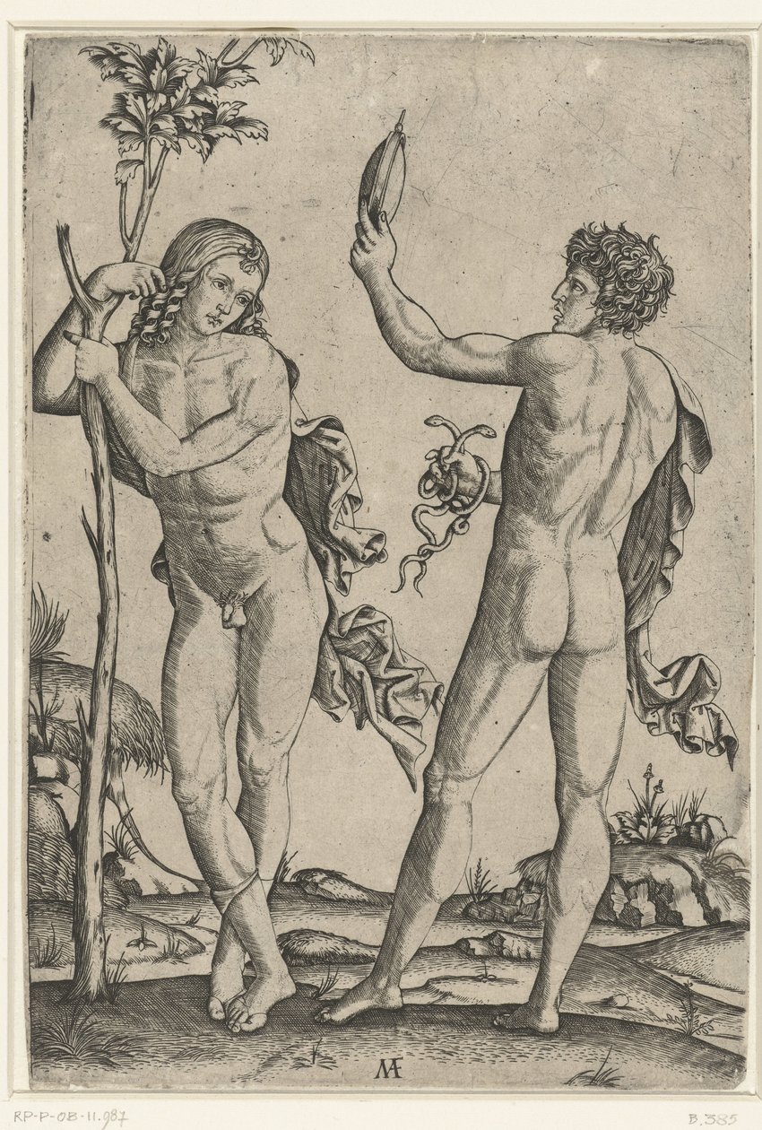 Homem nu encostado a uma árvore e homem nu com espelho e duas serpentes de Marcantonio Raimondi