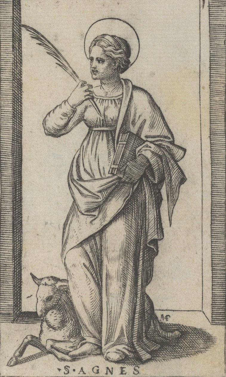 Santa Agnes com uma palma na mão direita, uma ovelha na parte inferior esquerda, de..., ca. 1500-1527. de Marcantonio Raimondi