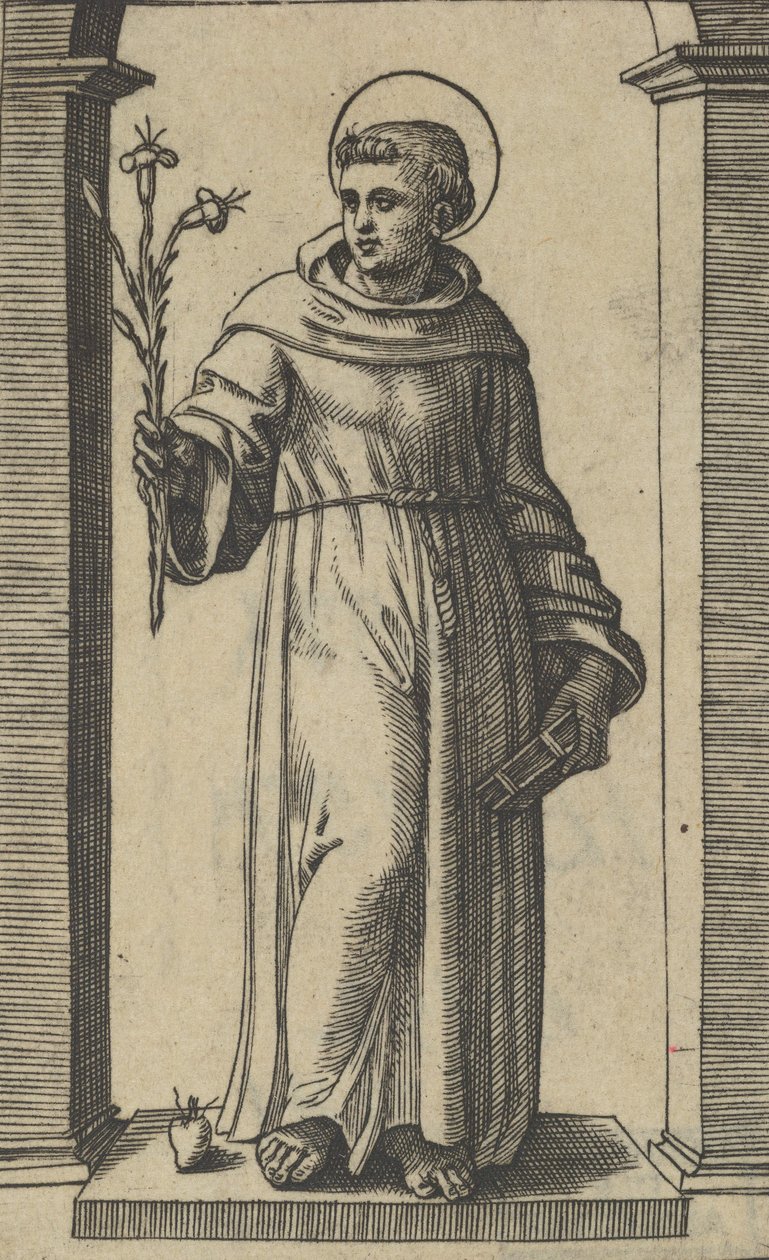 Santo António de Pádua de pé, lírios na sua mão direita levantada, um livro na sua ..., ca. 1500-1527. de Marcantonio Raimondi