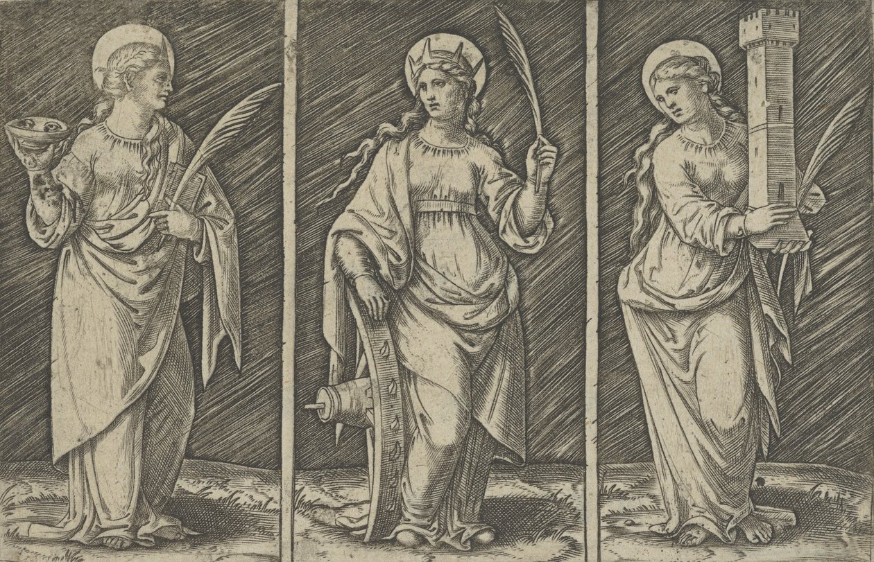 Santa Bárbara à esquerda, Santa Catarina, centro, Santa Lúcia à direita, ca. 1500-1527., c. 1500-1527. de Marcantonio Raimondi
