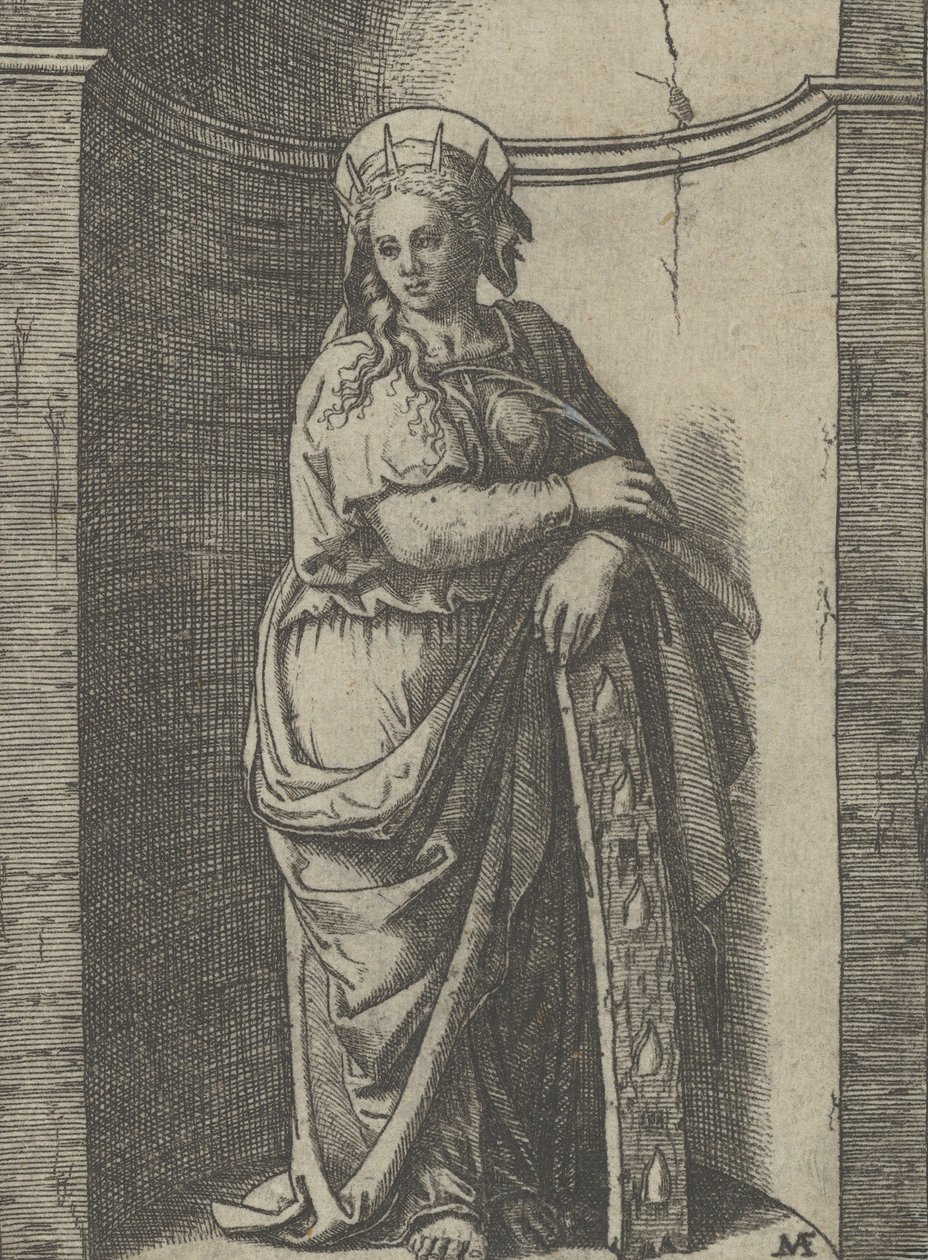 Santa Catarina de pé em um nicho, apoiada sobre uma roda, seu instrumento de tortura..., ca. 1500-1527. de Marcantonio Raimondi
