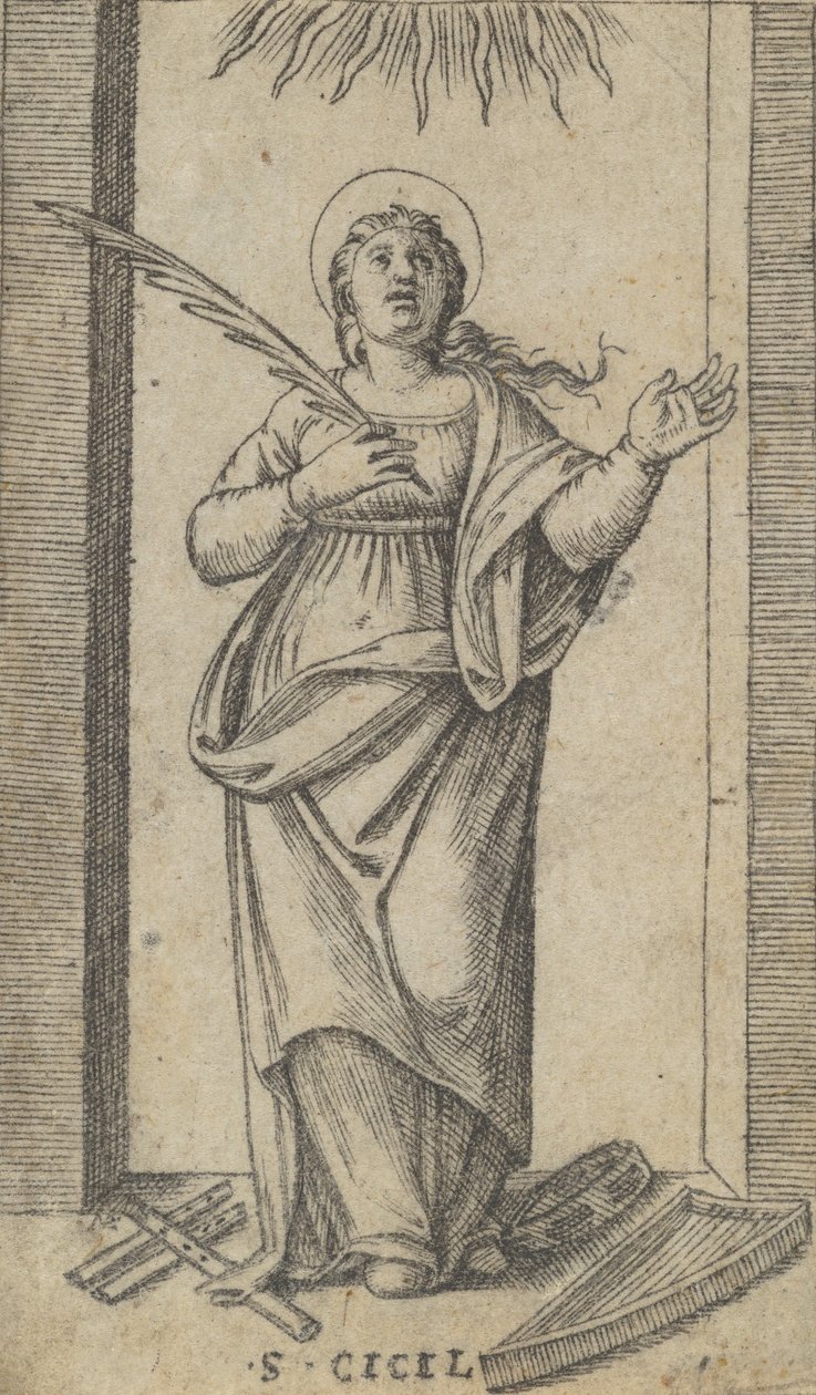 Santa Cecília de pé segurando uma palma de martírio na mão direita, da se..., ca. 1500-1527. de Marcantonio Raimondi