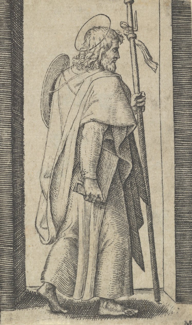 São Tiago Maior, livro é a sua mão direita, bastão à sua esquerda virado para a direita, de t..., ca. 1500-1527. de Marcantonio Raimondi