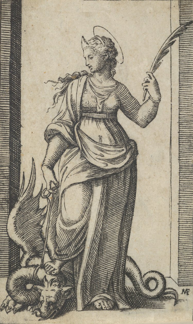 Santa Margarida de pé, um dragão à esquerda, da série 