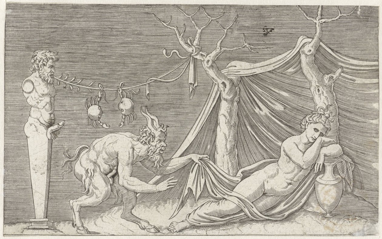 Satyr persegue uma ninfa adormecida
Representações mitológicas após os antigos baixos-relevos (título da série) de Marcantonio Raimondi