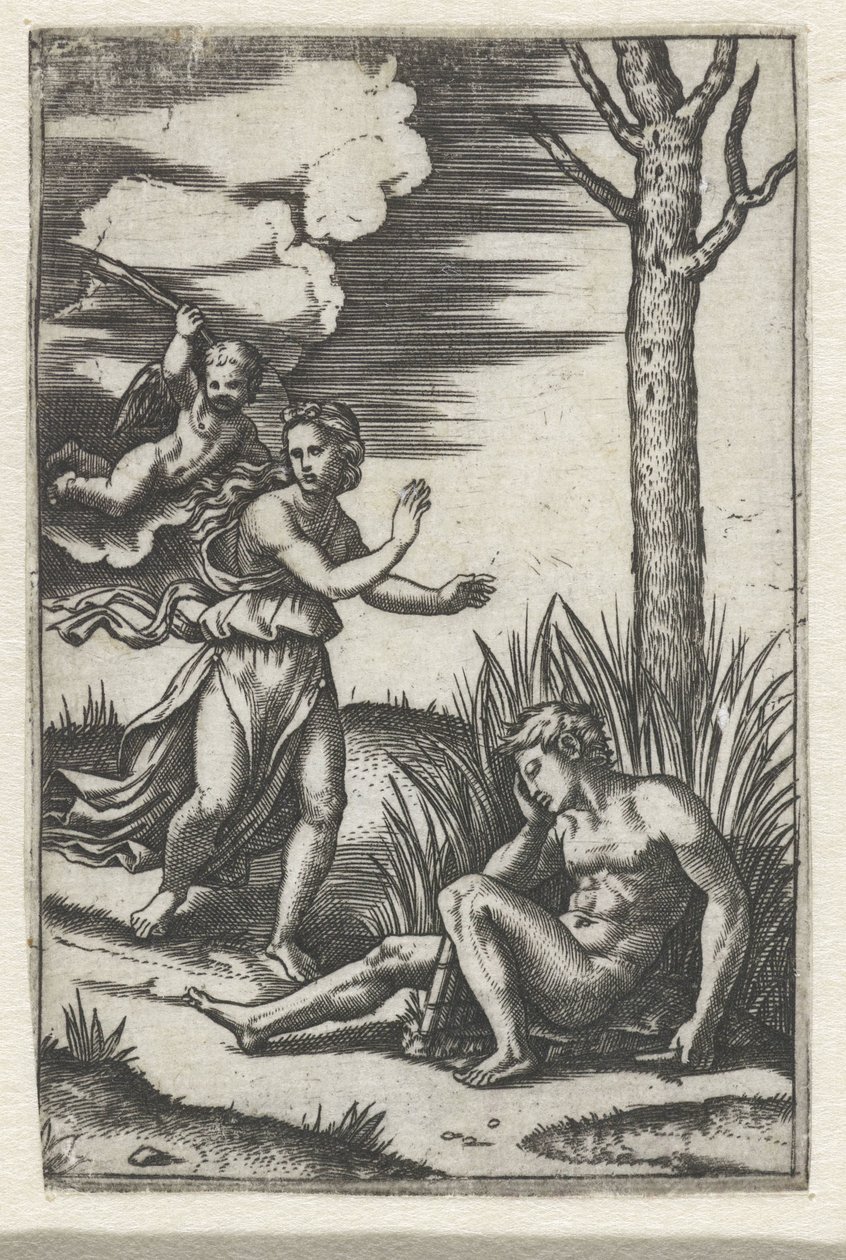 Homem adormecido e ninfa perseguidos por Amor de Marcantonio Raimondi