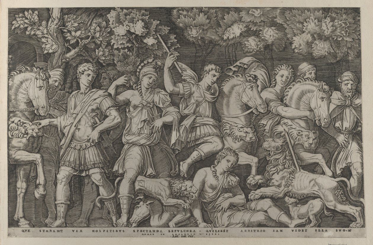 Speculum Romanae Magnificentiae: The Lion Hunt, ca. 1500-1534., ca. 1500-1534. de Marcantonio Raimondi
