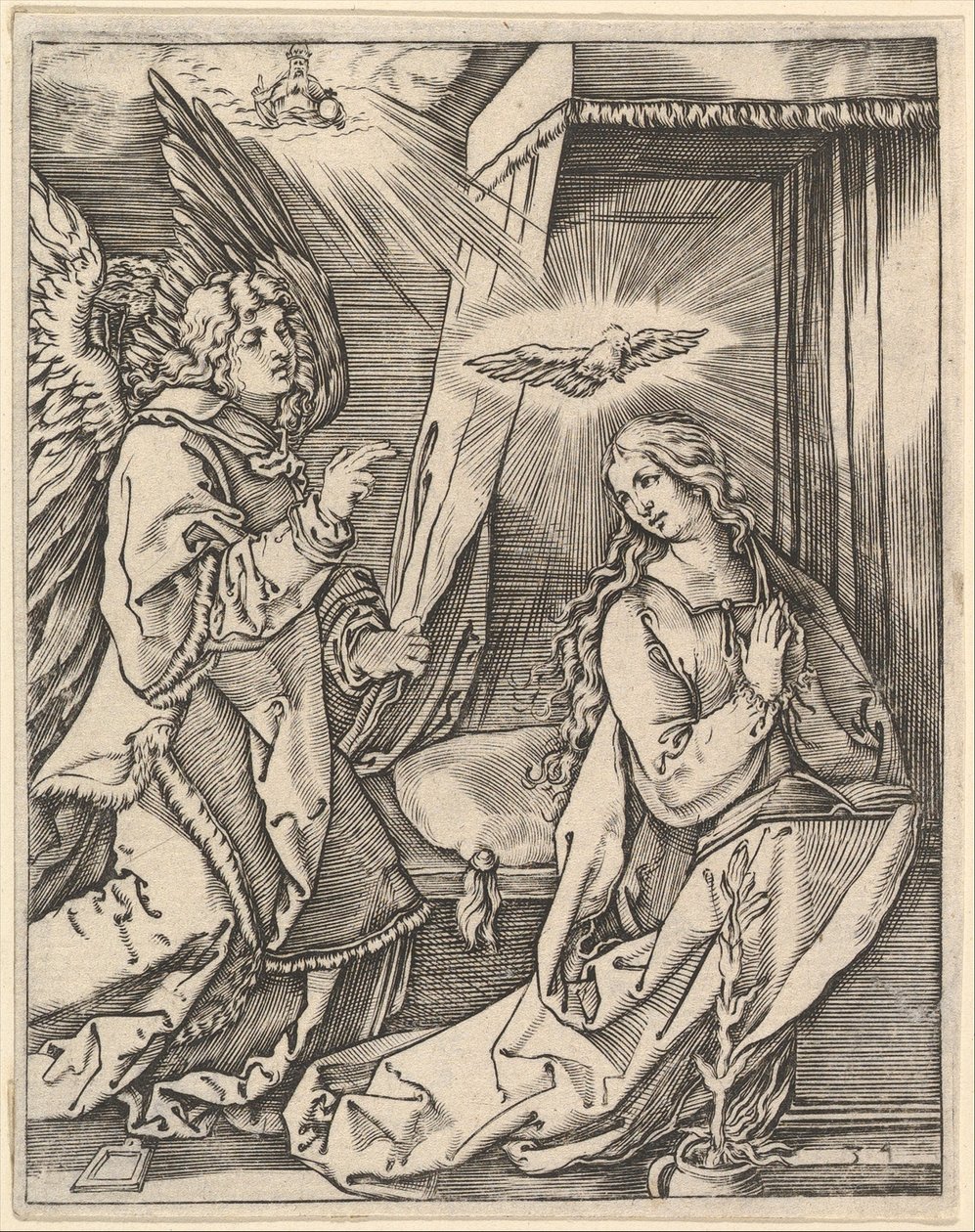 A Anunciação, à esquerda, o Arcanjo Gabriel se aproxima da Virgem em oração ..., ca. 1500-1534. de Marcantonio Raimondi