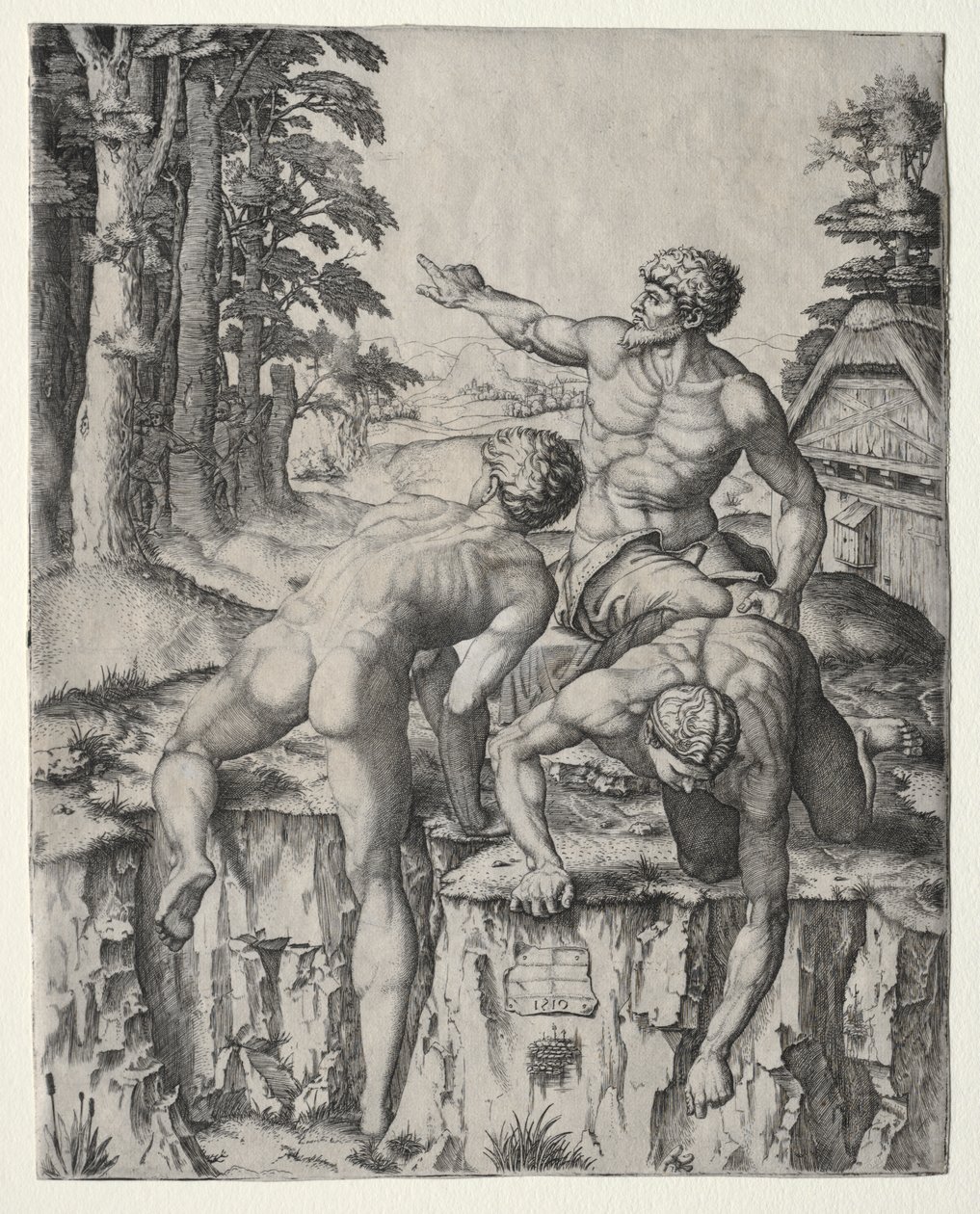 Os Alpinistas (Três Figuras da Batalha de Cascina de Michelangelo) de Marcantonio Raimondi