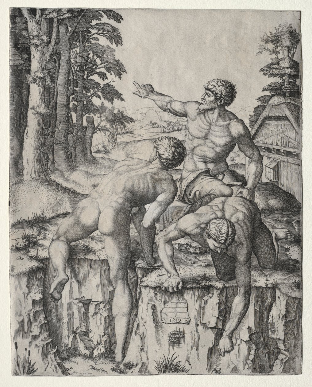 Os escaladores três figuras da batalha de Michelangelos de Cascina, 1510. de Marcantonio Raimondi