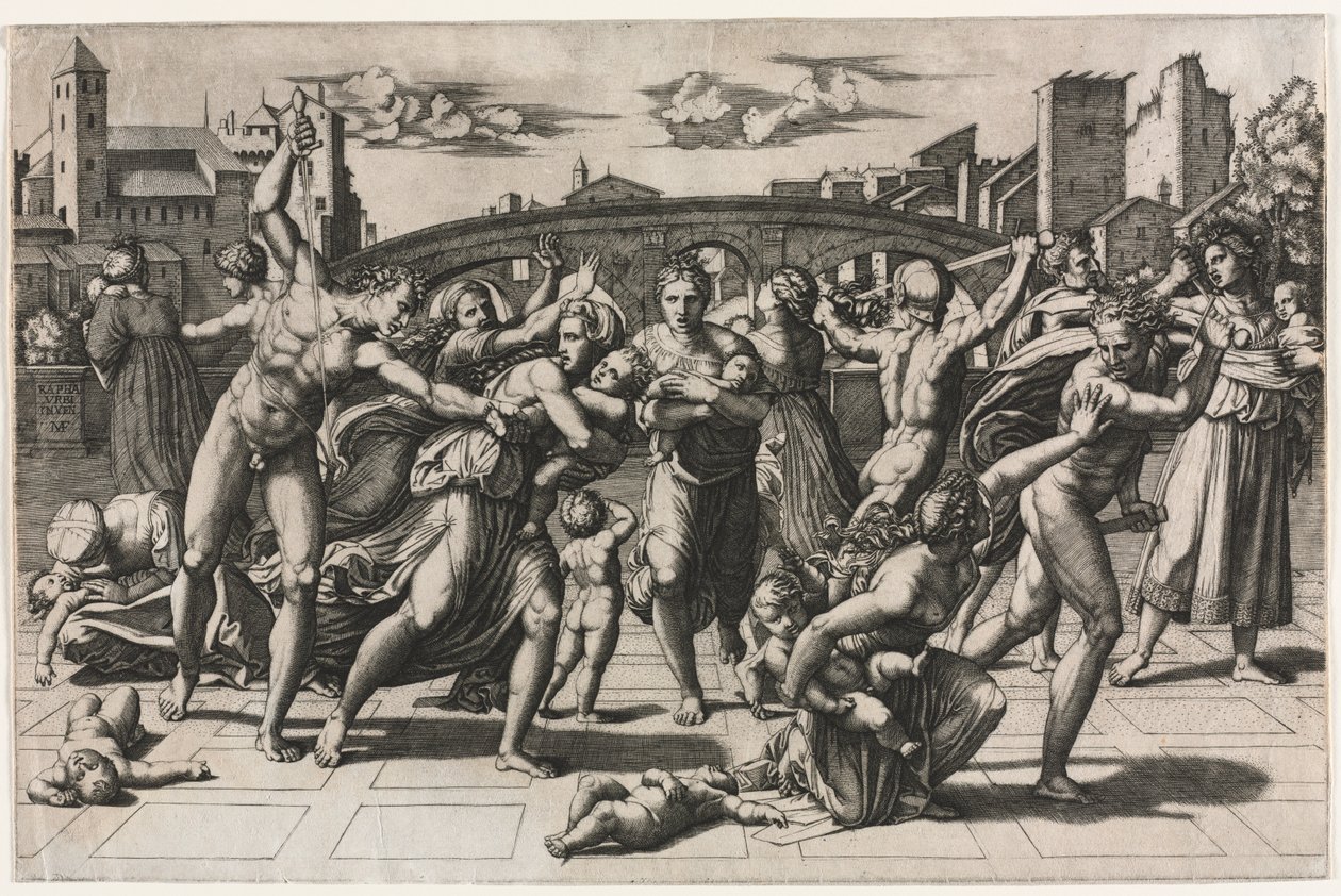 O Massacre dos Inocentes Sem o Pinheiro, c. 1513-1515. de Marcantonio Raimondi
