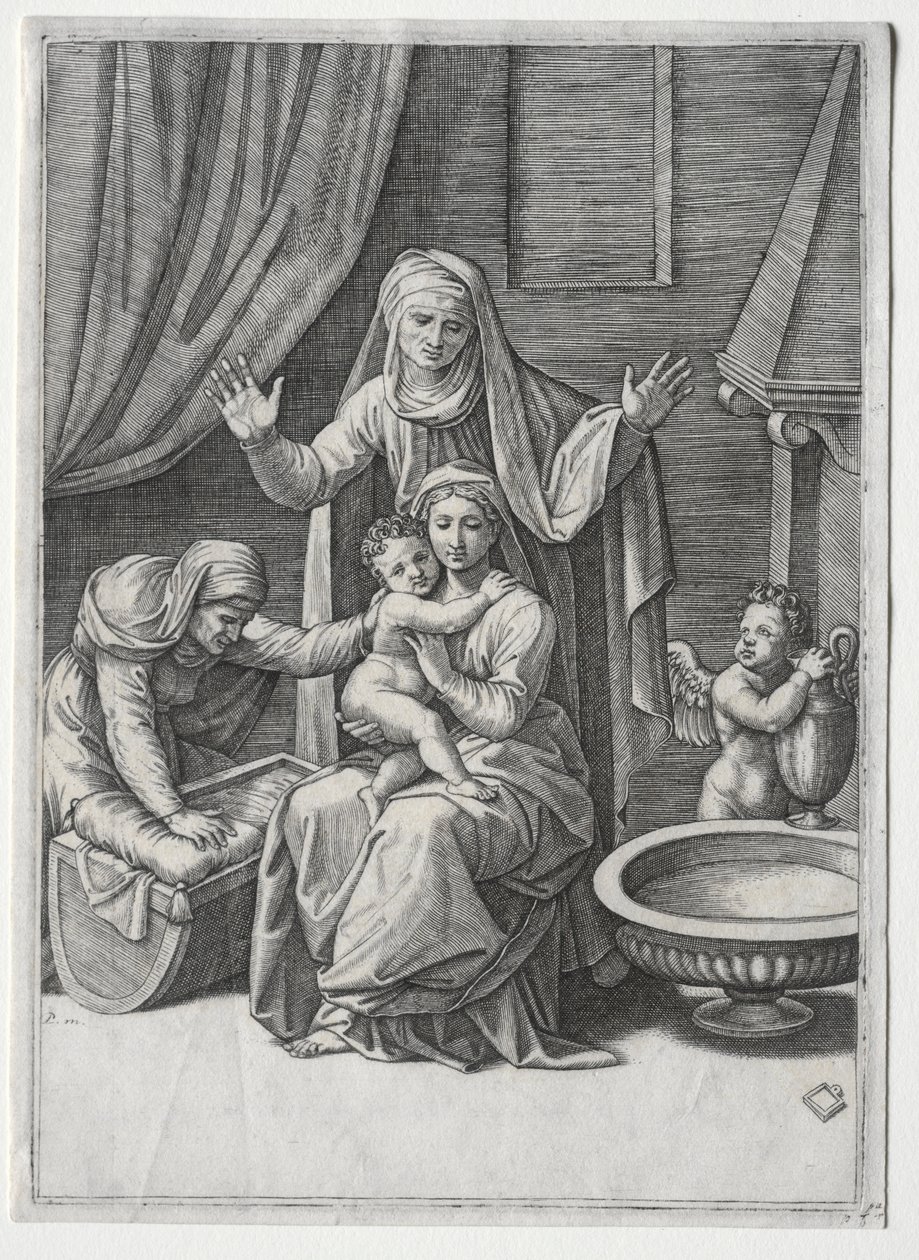 A Virgem e o berço com Santa Isabel e Santa Ana, 1520. de Marcantonio Raimondi