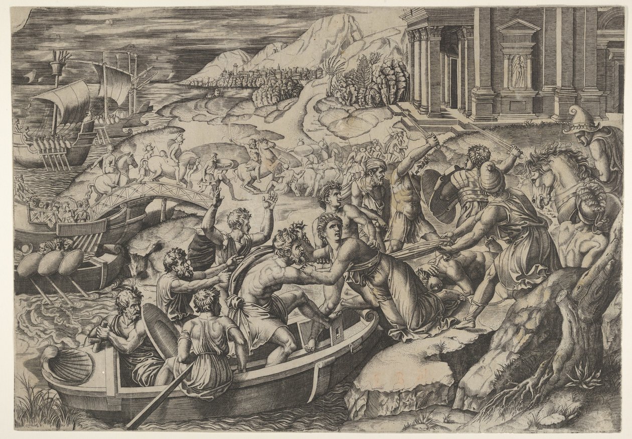 O sequestro de Helen, cena de batalha em uma praia com dois homens puxando Helen para um ba ..., ca. 1520-27. de Marcantonio Raimondi