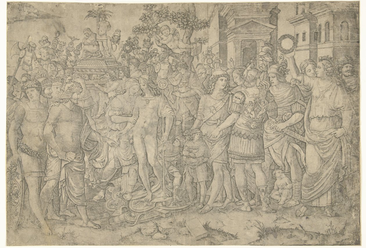 Procissão triunfante do imperador romano com soldados e armadura capturada de Marcantonio Raimondi