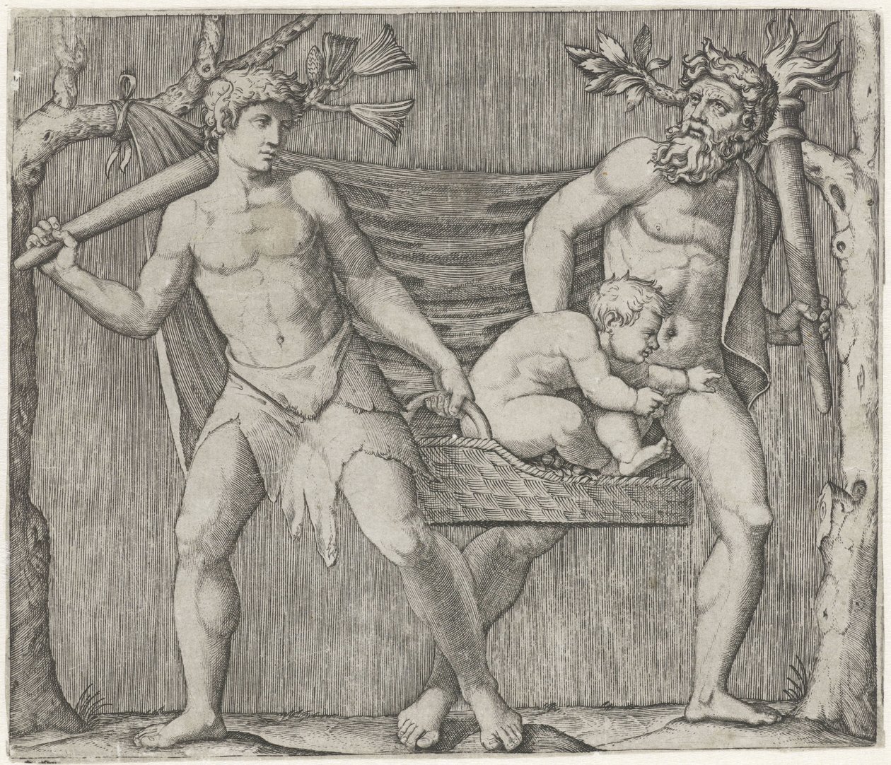 Dois faunos carregam uma criança num cesto de Marcantonio Raimondi