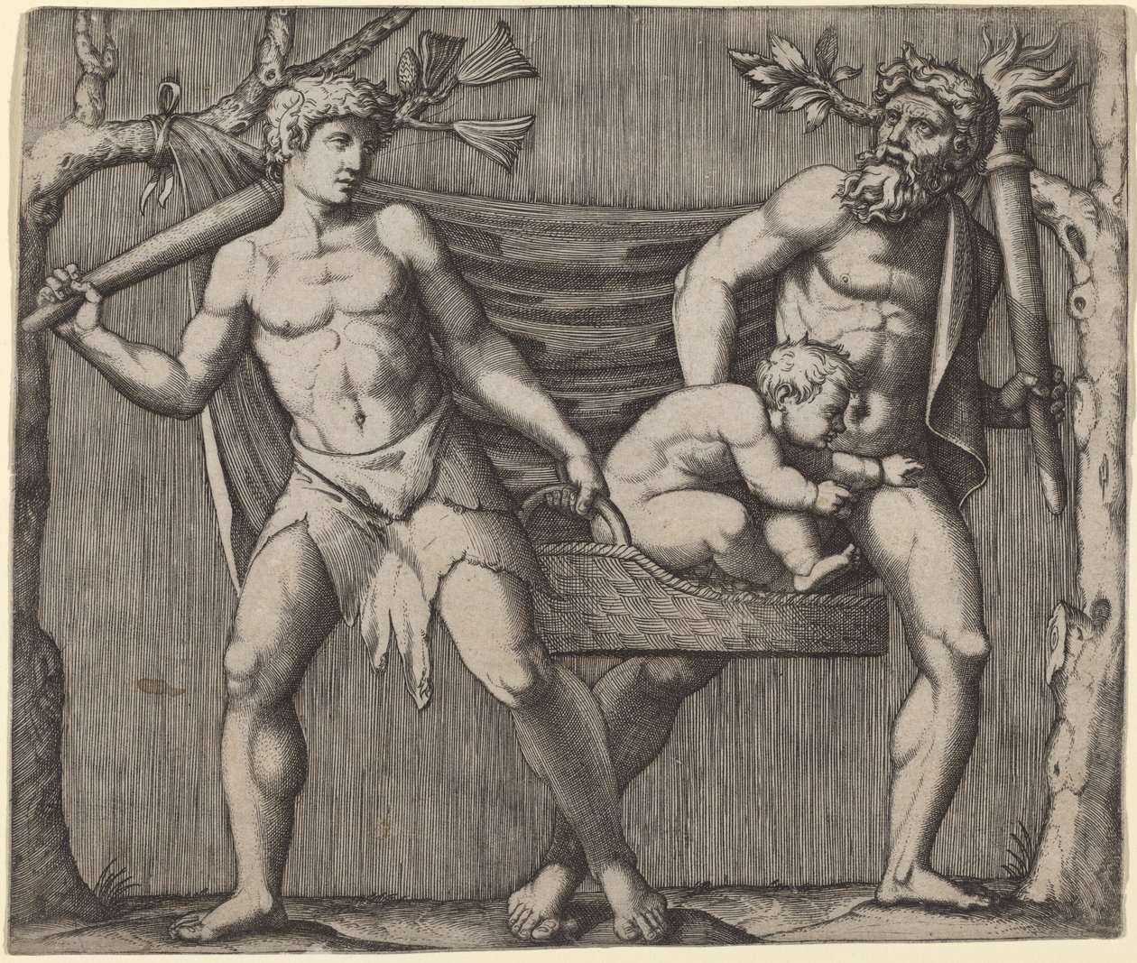 Dois faunos carregando uma criança de Marcantonio Raimondi