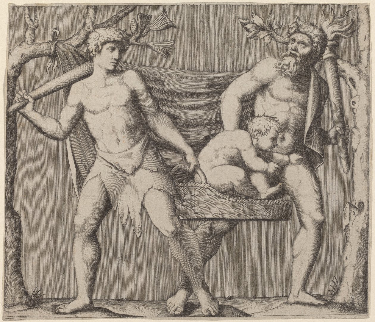 Dois faunos carregando uma criança de Marcantonio Raimondi