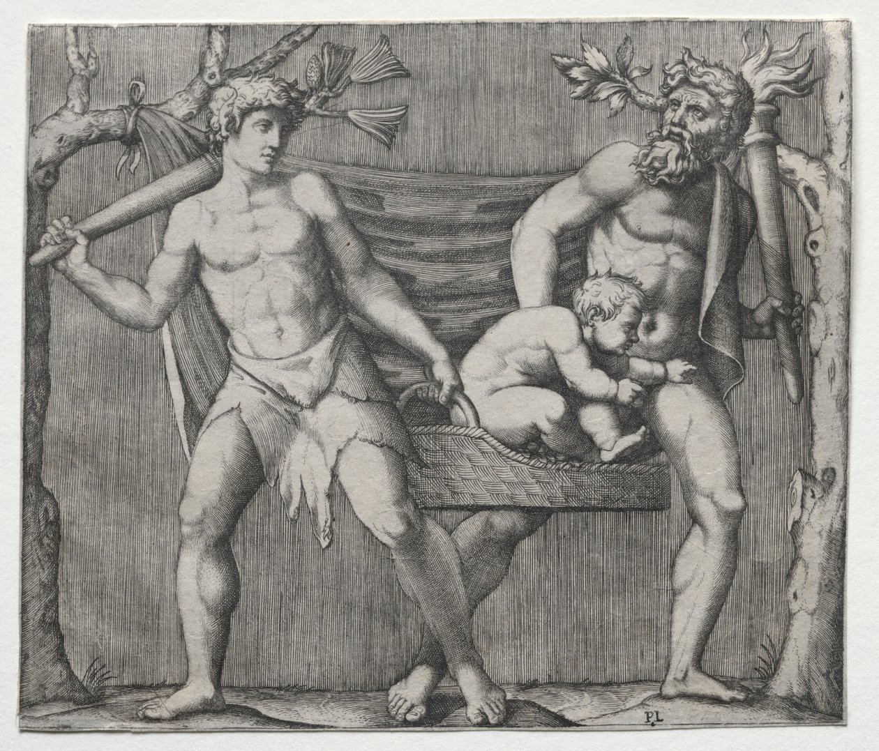 Dois faunos carregando uma criança em uma cesta de Marcantonio Raimondi