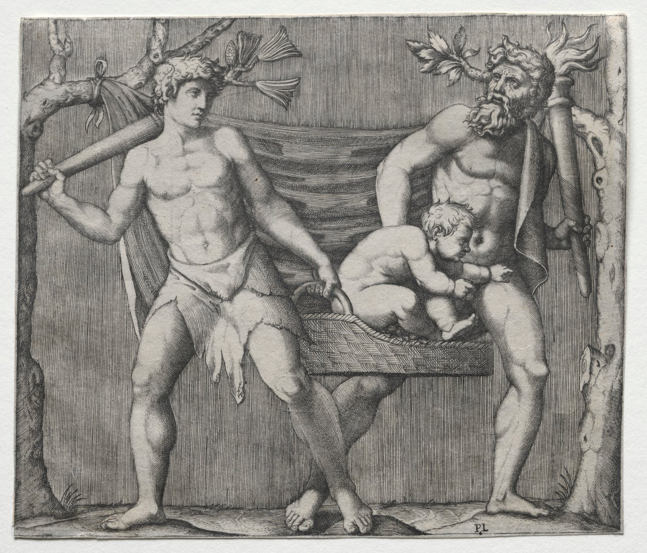 Dois Fauns carregando uma criança em uma cesta, c. 1513-1515. de Marcantonio Raimondi